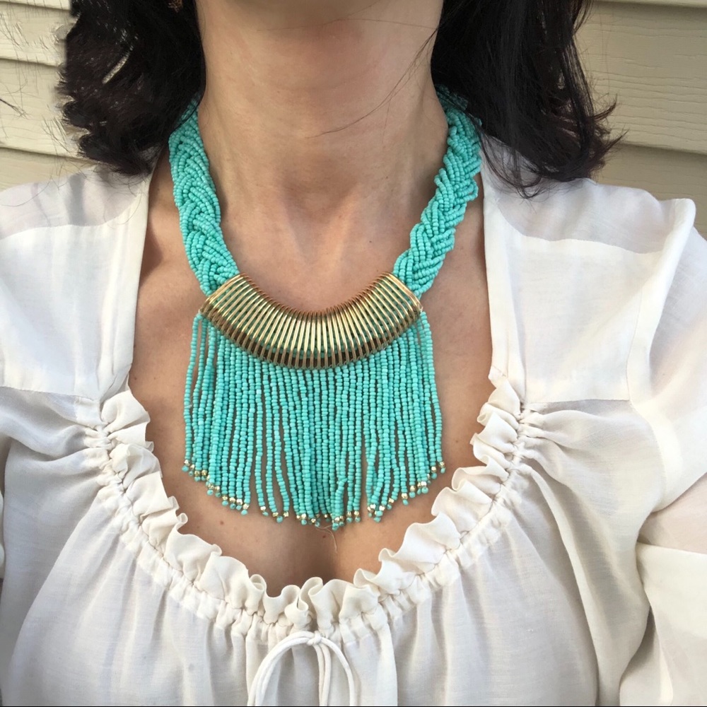 Gold Turquoise Layered Boho Fringe Choker Necklace